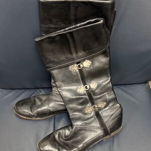 Frye Black Leather Moto Boots with Buckle Detail